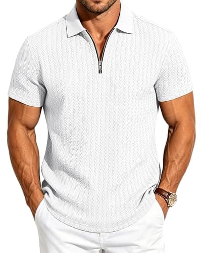 TRFIC Mens Quarter Zip Polo Shirts Casual Summer Knit Textured Short Sleeve Shirt Beach Vacation Stretchy Golf Shirts White