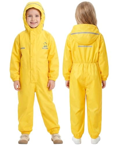 JiAmy Kids Toddler One Piece Rain Suit, Waterproof Full Body Rainwear with Hood, Muddy Buddy Style Coverall for Daycare Outdoor Play,Yellow,2-3 Years