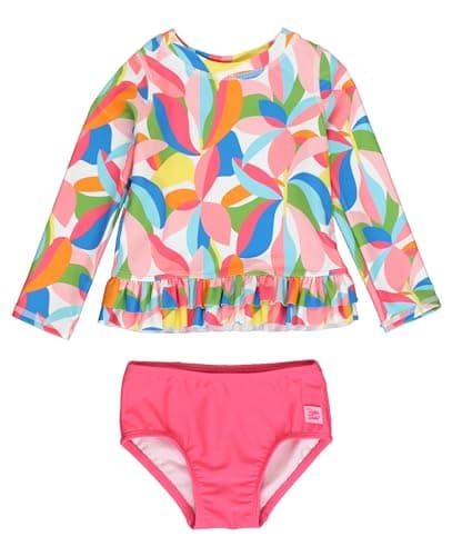 RuffleButts Tropical Adventure Long Sleeve Ruffle Hem Rash Guard 2-Piece - 12-18m