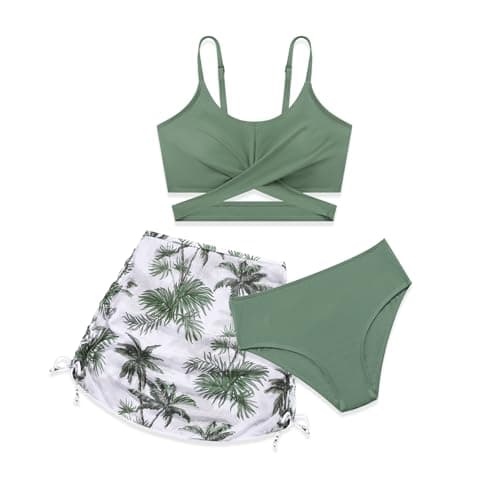 Weixinbuy Girls Swimsuits 3Piece Bathing Suit Criss Cross Adjustable Strpas Bikini Set with Beach Cover Up Skirt for 9-16Y