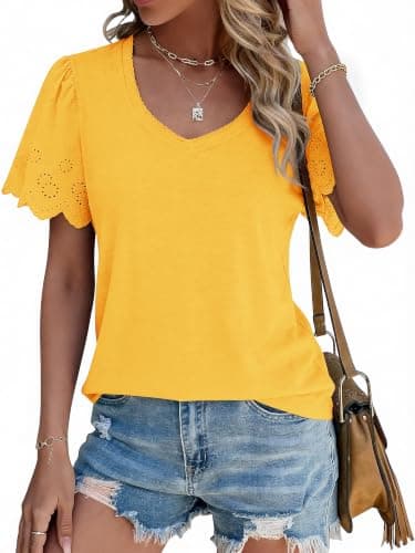 Chulianyouhuo Women's Summer Short Sleeve Lace Eyelet T Shirt Yellow