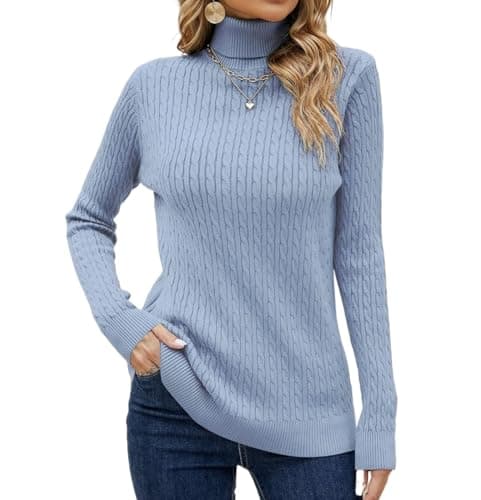 SANGTREE Women's Cable Knit Sweater Long Sleeve Turtleneck Tops Light Blue,XL