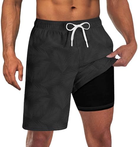 Goodstoworld Mens Swim Trunks with Compression Liner 9 Inch Long Quick Dry Board Shorts Beach Swimwear 2 in 1 Black Leaves Bathing Suits for Men XXL 2XL