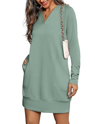 Totatuit Women Oversized Hoodies Dress Long Sleeve V-Neck Sweatshirt Dress with Pockets Casual Fall Outfits Plain Sweatshirt Light Green XL
