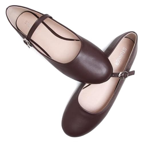 Stunner Women's Mary Jane Shoes Retro Round Toe Ballet Flats Comfortable Ankle Strap Dressy Flat Shoes Chestnut Brown 42(9.5)