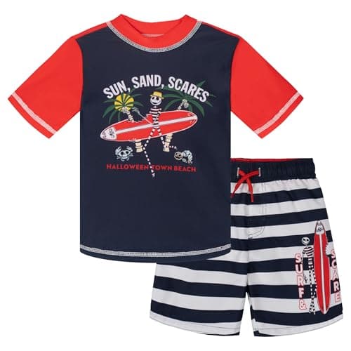 Disney Nightmare Before Christmas Jack Skellington Toddler Boys Rash Guard & Swim Trunks UPF 50+ Outfit Set Red/Black 4T