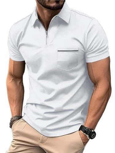 ZITY Men's Zippered Golf Polo Shirts Short Sleeve Athletic Outdoor Dress Collar Polo with Pocket,White Large