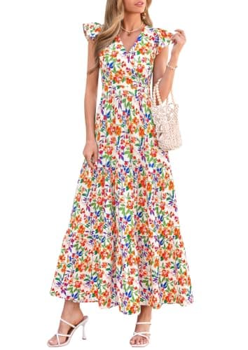 PRETTYGARDEN Women's Floral Maxi Dresses Summer Casual Wrap V Neck Ruffle Sleeve Flowy Long Beach Vacation Dress with Pockets (Floral Light Green,S)