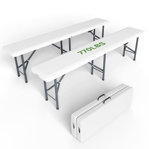 Ortus Collective 6FT Folding Bench - Heavy Duty 770lbs Capacity, Safety Locking Button & Wider Carrying Handle, Foldable Portable Bench for Outdoor, Picnic, Storage, Camping - White, 2 Pack