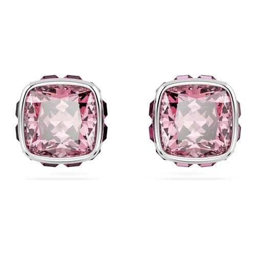Swarovski October Birthstone Stud Earrings, Pink Square-Cut Stone and Crystals in a Rhodium-Finished Setting, Part of the Swarovski Birthstone Collection