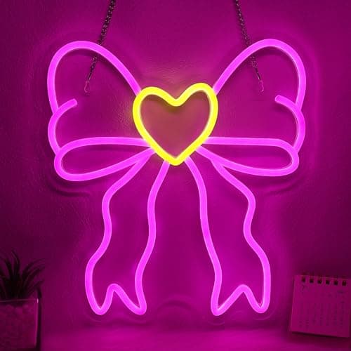 OkiyiD Pink Bow Neon Sign - Dimmable Coquette Wall Art Decor with USB Power, Aesthetic Pink Gifts for Girls Women, LED Neon Lights for Girls Cave Preppy Room Decoration
