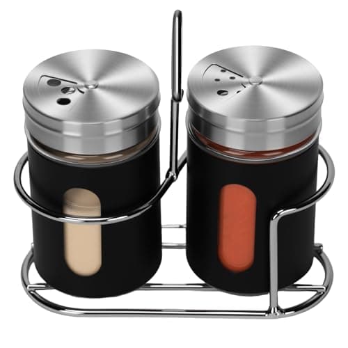 Glass Salt and Pepper Shaker Set with Seasoning Rack, Spice Rack, Adjustable Pour Hole Stainless Steel Lid, 2.8 oz, Spice Dispenser for Salt, Pepper, Spice Preservation (black)
