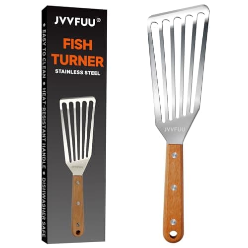 JVVFUU Fish Turner Spatula Stainless Steel, 11" Metal Slotted Spatula for Non Stick Pans, Grilling Salmon, Flipping Eggs & Pancakes,Easy to Clean,Heat-Resistant Wood Handle