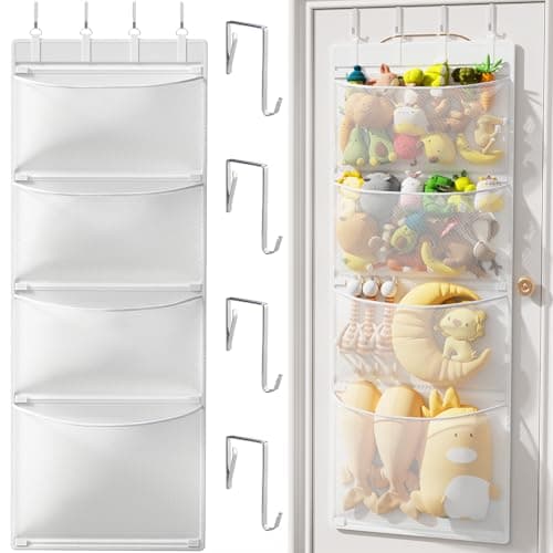 Criusia Stuffed Animal Storage, Over the Door Organizer with 4 Mesh Pockets, Toy Organizers and Storage for Nursery, Baby Supplies, Hanging Door Organizer for Kids Room & Playroom Organization, White