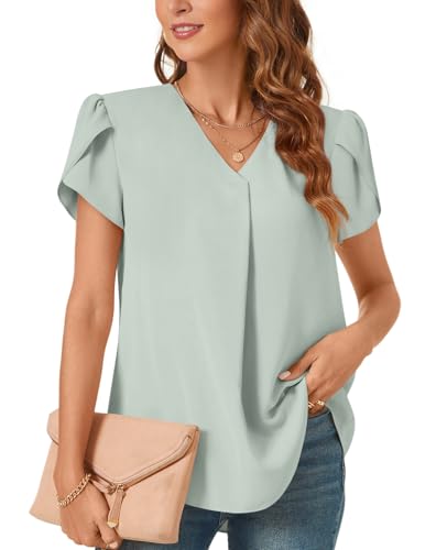 Bestbee Womens Dressy Chiffon Blouses V Neck Tops Tee Cute 2026 Summer Shirts Petal Short Sleeve Casual T-Shirts, M, Gray-Green