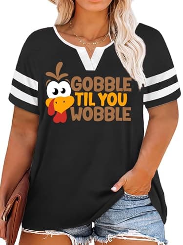 QAUN Plus Size Thanksgiving Shirts for Women Gobble Till You Wobble Shirt Turkey Tshirt Thankful Tops(Black,XL)
