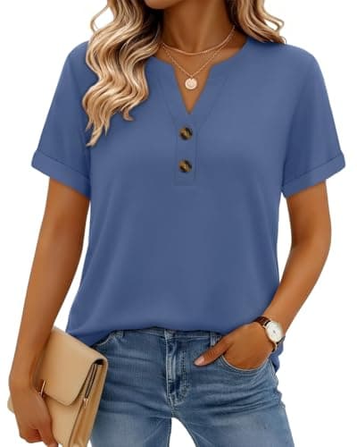 rosemia Henley Shirts for Women Short Sleeve Dressy Casual Blouses Summer V Neck Plus Size Tops 2026, Pure Deep Blue, M