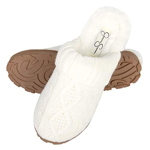 Jessica Simpson Womens Soft Cable Knit Slippers with Indoor/Outdoor Sole, Cream, Large
