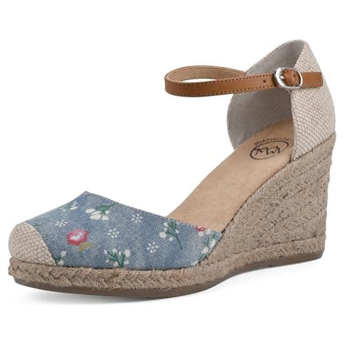 WHITE MOUNTAIN Women's Mamba Espadrille Wedge Sandal, Lt.Blue/Floral/Denim, 10 W
