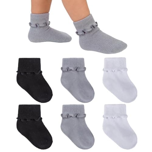 MKYSZLT 6 Pairs Baby Girl Ruffle Socks Cute Turn Cuff Ankle Comfy Cotton Dress Socks for Newborn Infant Toddler Little Kids (US, Age, 1 Year, 3 Years, white,grey,black)