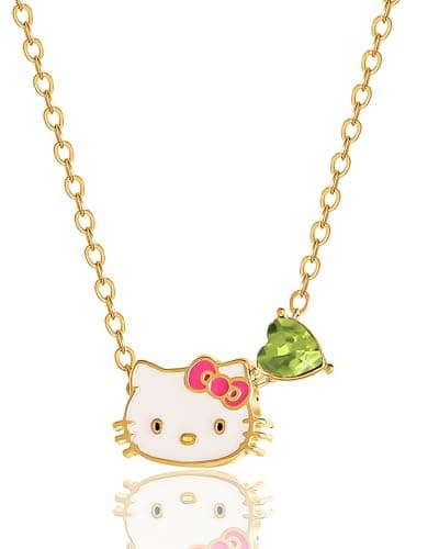 Hello Kitty Sanrio August Birthstone Necklace 16+2", 18kt Gold Flash-Plated Necklace, Jewelry Official License
