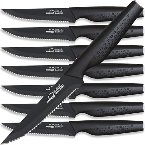 Amorston Steak Knives, Steak Knives Set of 8, Stainless Steel Steak Knife Set, Serrated Knives Dishwasher Safe, Elegant Black Mothers Day Gifts for Women