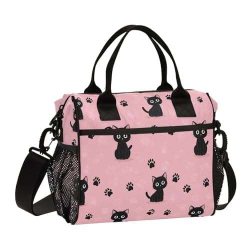 Aslsiy Lunch Bag for Girls Black Cat Cartoons Kids Insulated Lunch Bags Paw Prints Pink Women Tote Bag for Office School M