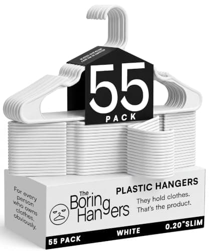The Boring Hangers White Plastic Hangers 55 Pack - 10 lb Heavy Duty Plastic Clothes Hangers for Closet - 0.20" Thin, Slim & Space Saving White Coat Hangers for Shirts, Dresses, Jackets, Pants