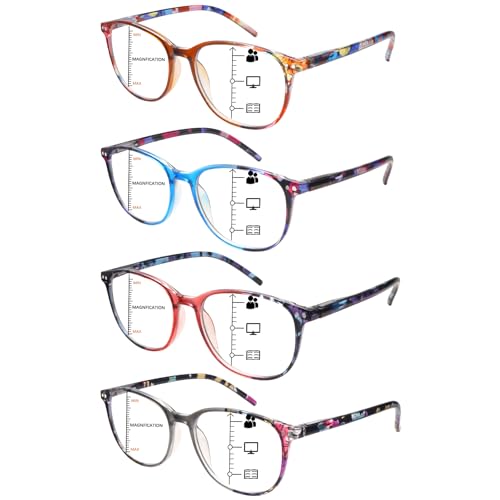 MAEOWN 4 Pack Progressive Multifocus Reading Glasses Blue Light Blocking Spring Hinges Stylish Ladies Pattern Readers (Multicolor, 1.00, x)