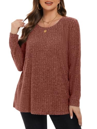 BELAROI Plus Size Long Sleeve Tops for Women Tunic Shirts Dressy Casual Sweaters Pullover Scoop Neck Lightweight Loose Fit (4X, Caramel)