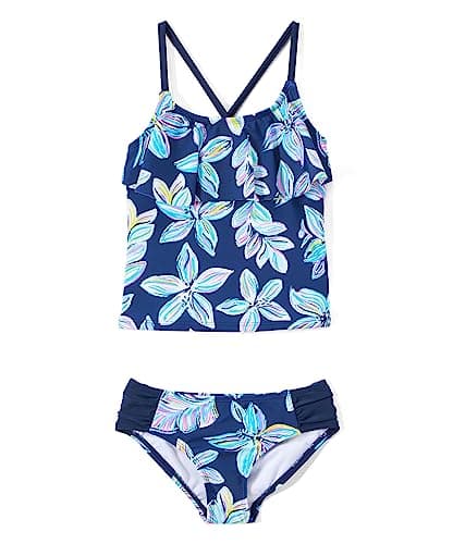 Kanu Surf girls Charlotte Flounce Tankini Beach Sport 2-piece Two Piece Swimsuit, Charlotte Navy Floral, 10 US