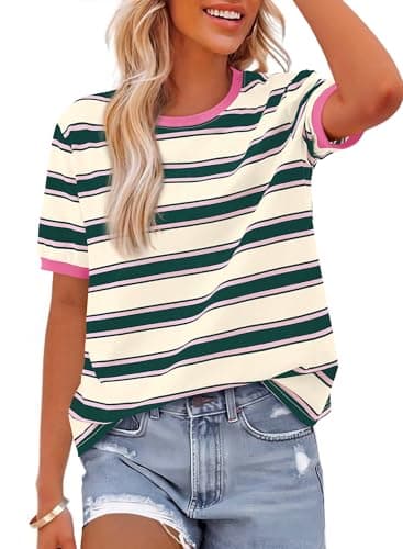 BTFBM Womens Summer Tops Short Sleeve Striped Shirt,Dark Green Pink,L