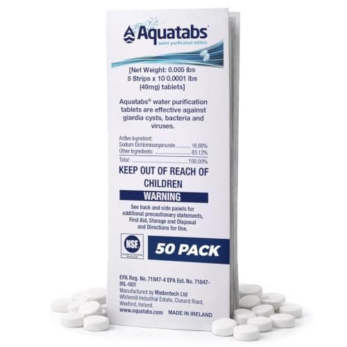 Aquatabs 49mg Water Purification Tablets, 50 Pack, Hiking & Camping