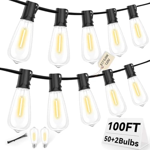 Hobbynors ST40 LED Outdoor String Lights 100FT with 50+2 Bulbs, E17 Socket, 0.6W, 2700K Warm White–Connectable for Garden, Backyard, Bistro, Patio, Porch, Deck, Gazebo, Party Decor