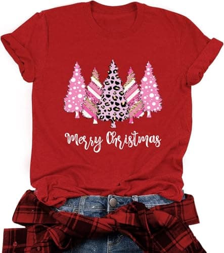 Merry Christmas Shirt Women Christmas Tree Print T Shirt Vintage Graphic Short Sleeve Tops Tees S Red Pink Tree