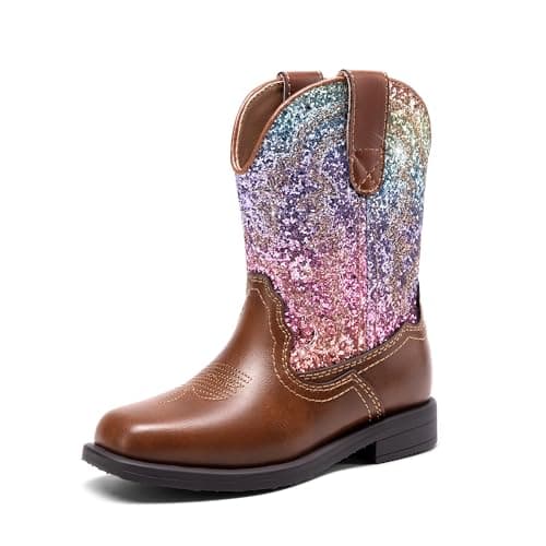 DREAM PAIRS Toddler Boys Girls Cowboy Cowgirl Boots Little Kids Western Square Toe Riding Mid Calf Boots,Size 5 Toddler,Brown/Multi,SDBO2307K