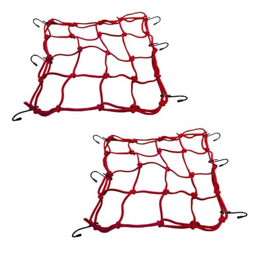 Pxobiug 2 PCS Cargo Net, 11.8 × 11.8 Inch Adjustable Vehicle Bungee Cargo Net with 6 Hooks, Heavy Duty Elastic Gear Helmet Luggage Thicken Netting for Motorcycles Bicycles ATVs (Red)