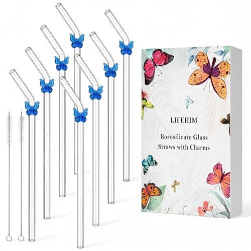 Blue Butterfly Glass Straws with Charms, 9 Inch Bent for Iced Coffee