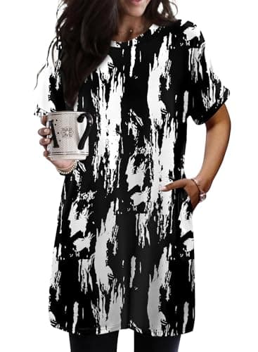 KISSMODA Women's Short Sleeve Crew Neck Tunic Tops Summer for Leggings Casual Long Tunics with Pockets Shirt S-3XL