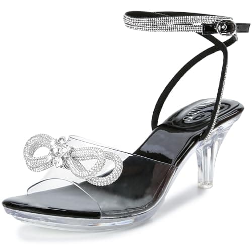 NBUUNBU Rhinestone Bowknot Strappy Clear Heels for Women - Ankle Strap Platform Sandals, Transparent High Heel, Sexy Crystal Slingback Stiletto Open Toe Comfy Party Wedding Shoes Mules Pump, 5.5