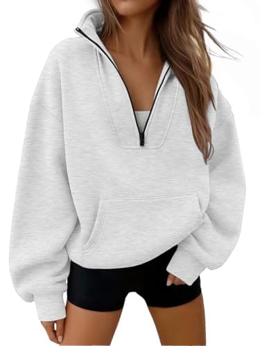 Trendy Queen Womens Sweatshirts Quarter Zip Pullover Hoodies Grey L