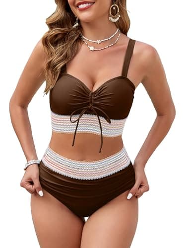 VIAURBE Women's High Waisted Bikini Sets Swimsuits Color Block Two Piece Bathing Suit Cute Drawstring Bikinis Brown XL