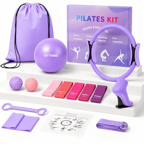 BYYNNE Home Pilates Kit for Women - 14 Pcs Pilates Equipment Set with Pilates Ring and Ball, 5 Resistance Bands Etc Accessories for Beginners Home Workouts - Includes Workout Guide (Purple)