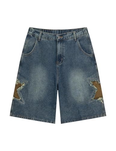 Vamtac Baggy Denim Jorts for Men Elastic Waist Frayed Star Patch Jean Shorts