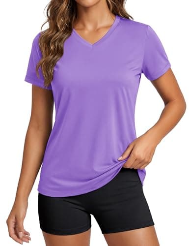 MAGCOMSEN V Neck T Shirts for Women Sun Protection Quick Dry Shirt Workout Hiking Tops Short Sleeve Tee Light Purple S