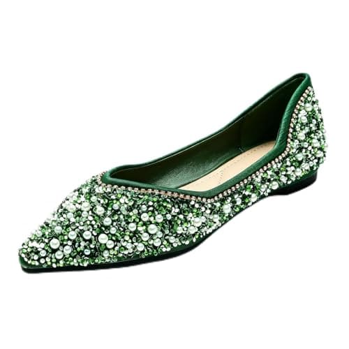 Women‘s Rhinestone Flats Sparkle Pointed Dress Shoes Memory Foam Wedding Work Comfortable Ballet Flats for Prom Evening Business Green 11