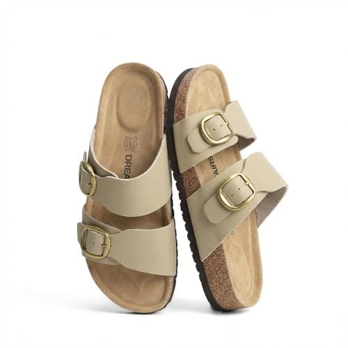 DREAM PAIRS Women's Slides Soft Genuine Footbed Sandals Comfortable Adjustable Double Buckle Slip-on Flat Sandals with Arch Support Frame Dual Slippers for Summer 2026,Size 7.5,Taupe,SDSS26004W