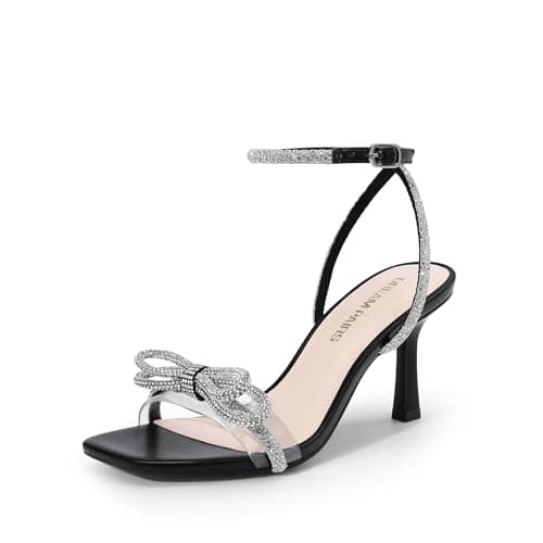 DREAM PAIRS Women's Double Bowknots Heels Open Square Toe Ankle Strap Crystal Rhinestone Dress Sandals for Party Wedding,Size 7,Black-Pu,DWUMHS2530
