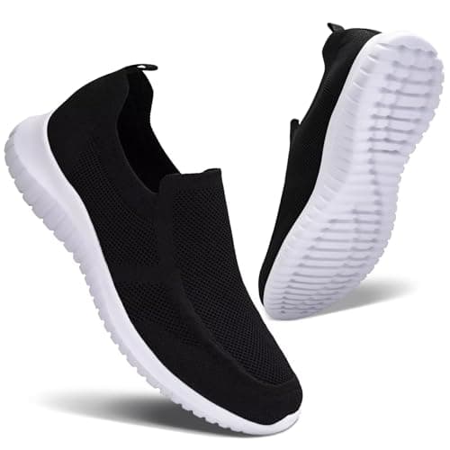 konhill Men's Slip On Walking Shoes Lightweight Breathable Knit Tennis Sneakers Comfortable Casual Athletic Work Shoes for Gym Travel 9.5 US Black,Label 43