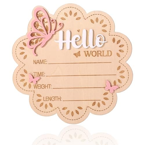Wooden New Baby Birth Announcement Plaque, Flower Shape Hello World Sign Newborn Arrival Board Welcome Plaque with Stand Pink Butterfly Photo Prop for Hospital Nursery Decor Baby Shower Photography
